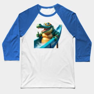 An alligator with a giant swim cap and goggles riding a waterslide Baseball T-Shirt
